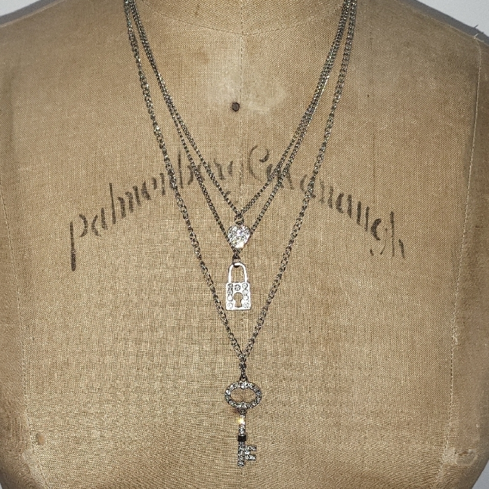 Silver And Rhinestone Heart Lock and Key 3 Chain Necklace